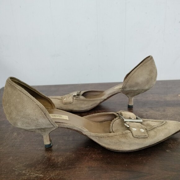 Vintage Y2K Prada Tan Suede Leather Pointy Toe Kitten Heels SZ 38 Buckle - Picture 7 of 12